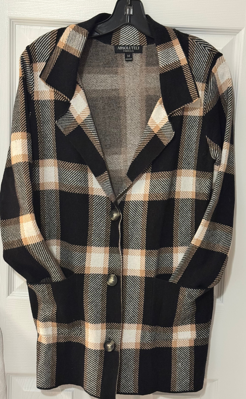 Absolutely Famous Plaid Blazer Cardigan Black Tan Size M